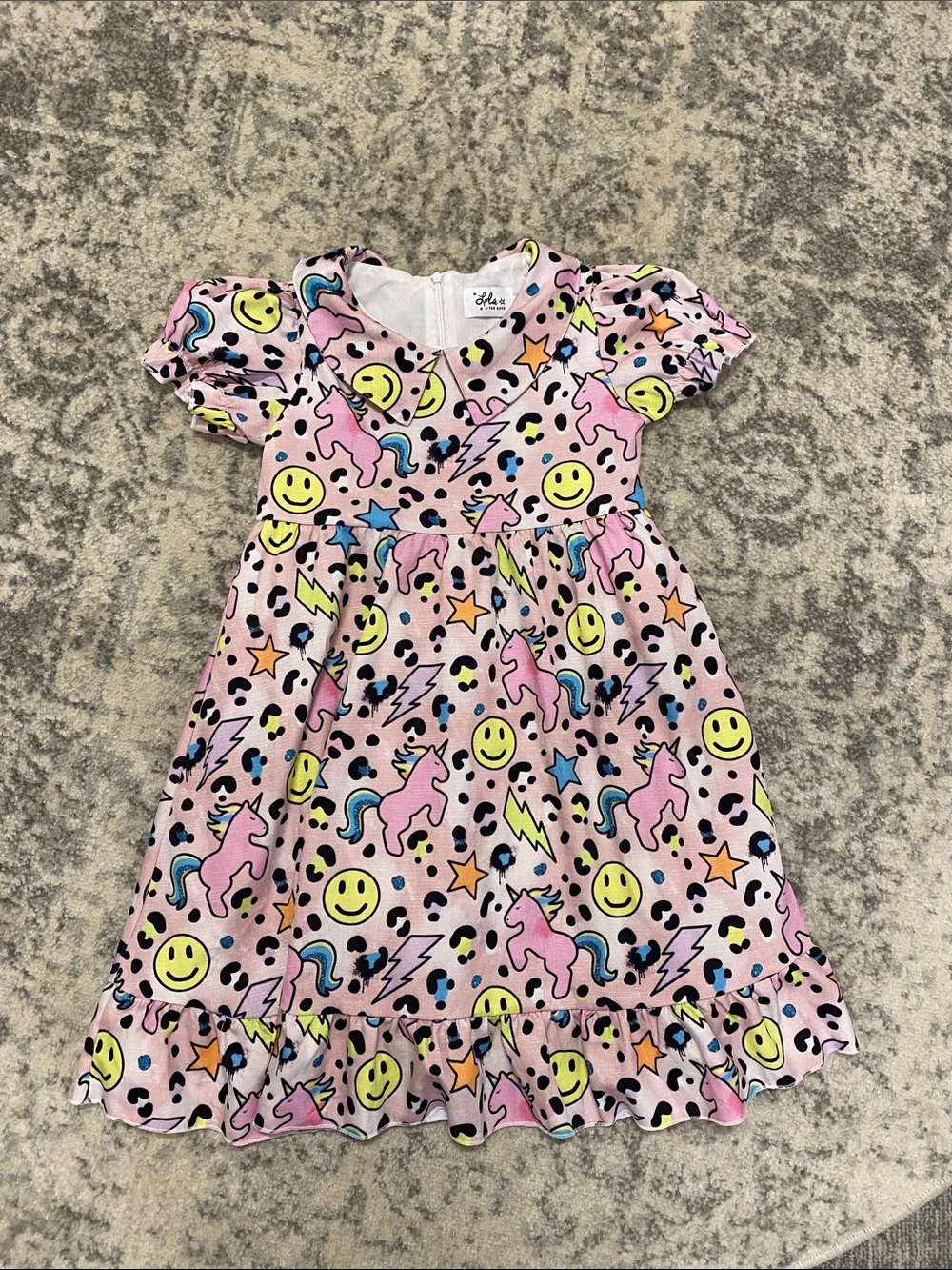 Lola + The Boys Pink Unicorn & Emoji Print Short Sleeve Dress